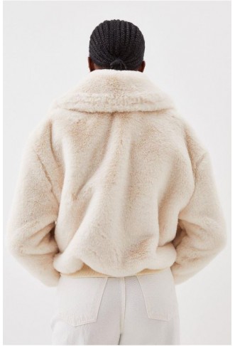 Cream Faux Fur Collared Bomber Jacket