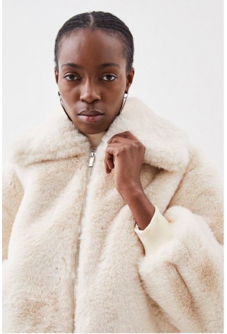 Cream Faux Fur Collared Bomber Jacket