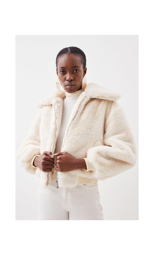 Cream Faux Fur Collared Bomber Jacket