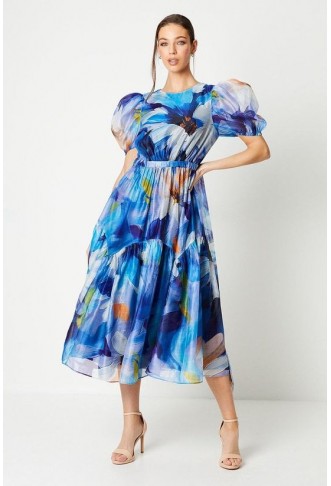 Organza Puff Sleeve Midi Dress