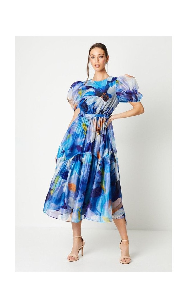 Organza Puff Sleeve Midi Dress