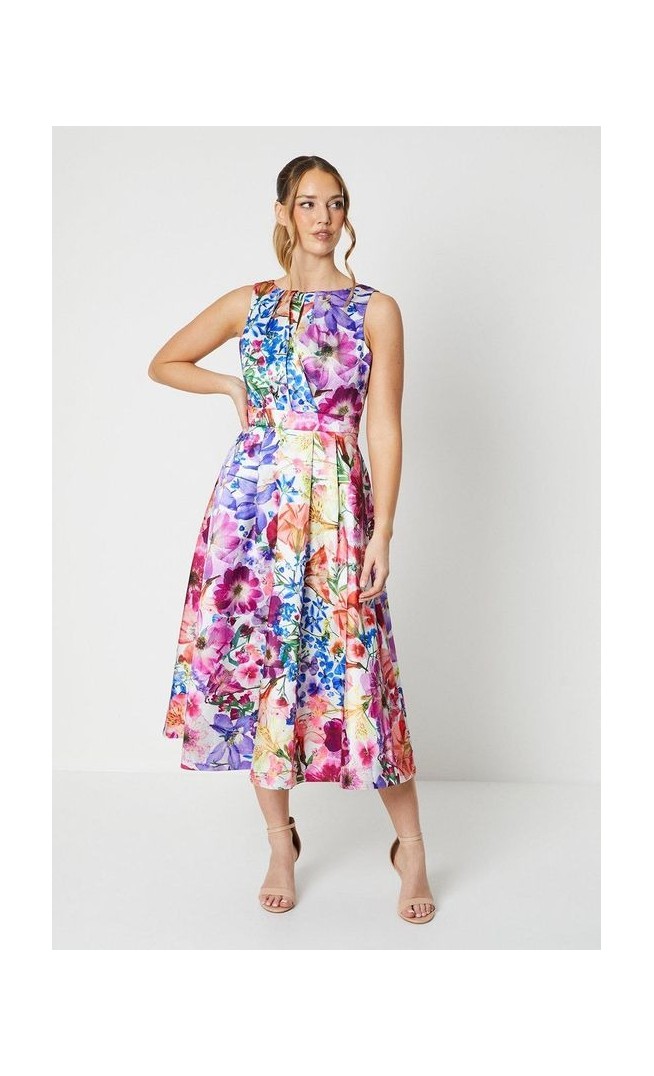 All Over Floral Print Twill Midi Dress