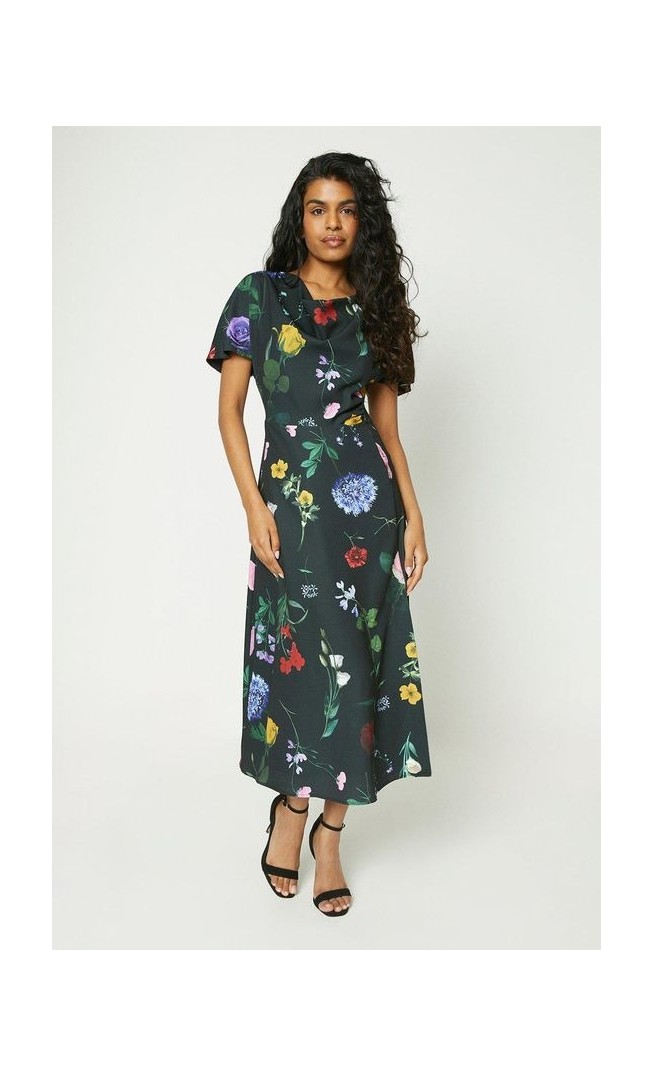 Petite Printed Drape Bodice Midi Dress With Slit