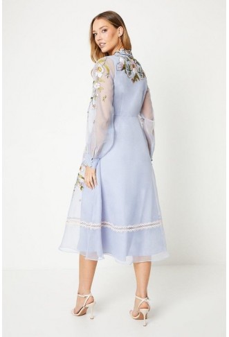 Embroidered Organza Lace Trim Shirt Dress