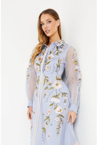 Embroidered Organza Lace Trim Shirt Dress