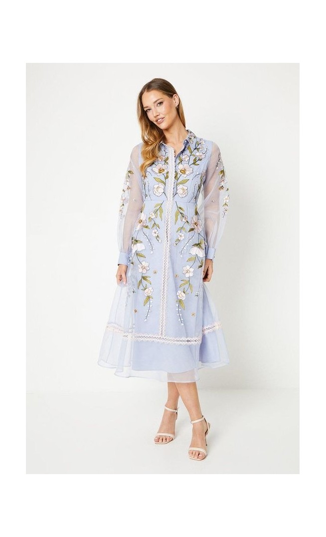 Embroidered Organza Lace Trim Shirt Dress