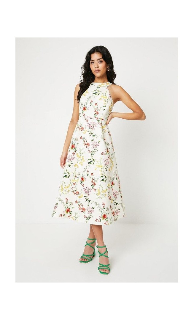 Petite Floral Ottoman Twill Halter Midi Dress