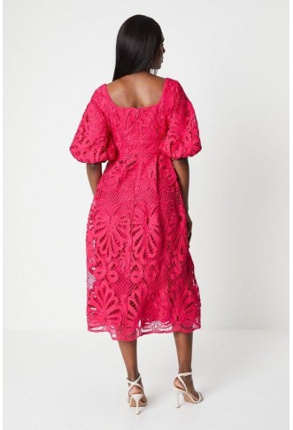 Scoop Neck Piped Lace Midi Dress