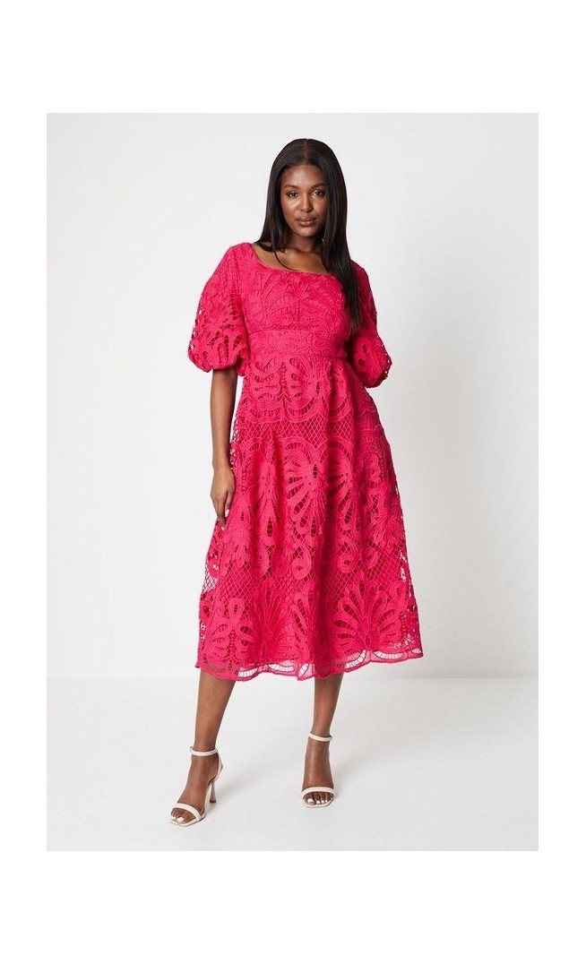 Scoop Neck Piped Lace Midi Dress