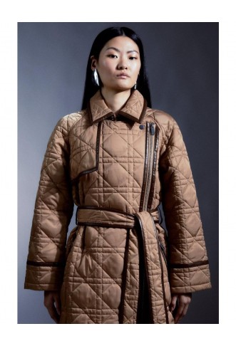 Diamond Quilt Contrast Binding Belted Trench Coat