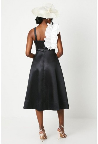 Lisa Tan Glossy Twill Ruffle Midi Dress