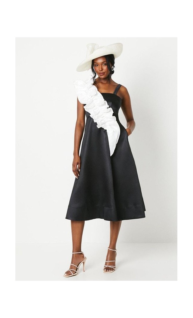 Lisa Tan Glossy Twill Ruffle Midi Dress