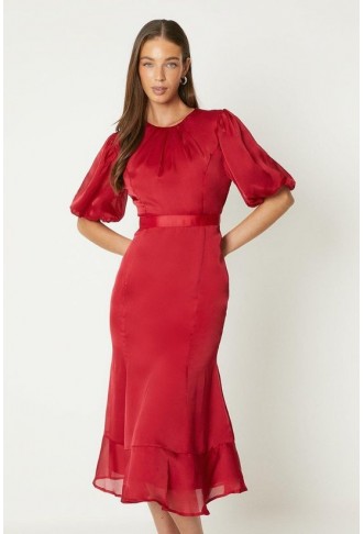 Puff Sleeve Flute Hem Midi...