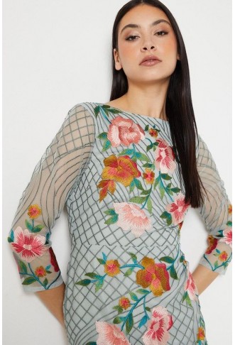 Floral Embroidered 3/4 Sleeve Midi Dress