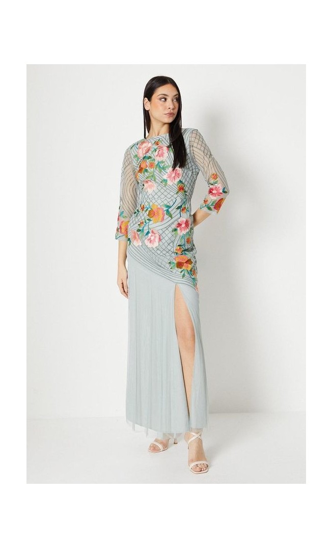 Floral Embroidered 3/4 Sleeve Midi Dress