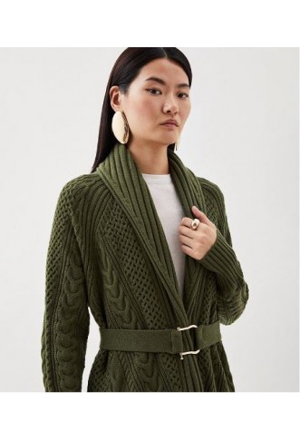 Karen Millen Viscose Blend Shawl Collar Cable Knit Cardigan In Forest