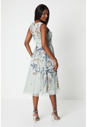 Premium Hand Embellished Floral Midi Dress