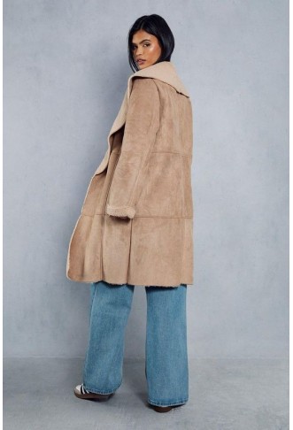 Faux Suede Borg Lined Panelled Coat