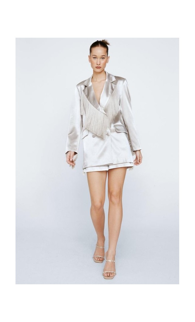 Petite Bonded Satin Fringe Blazer