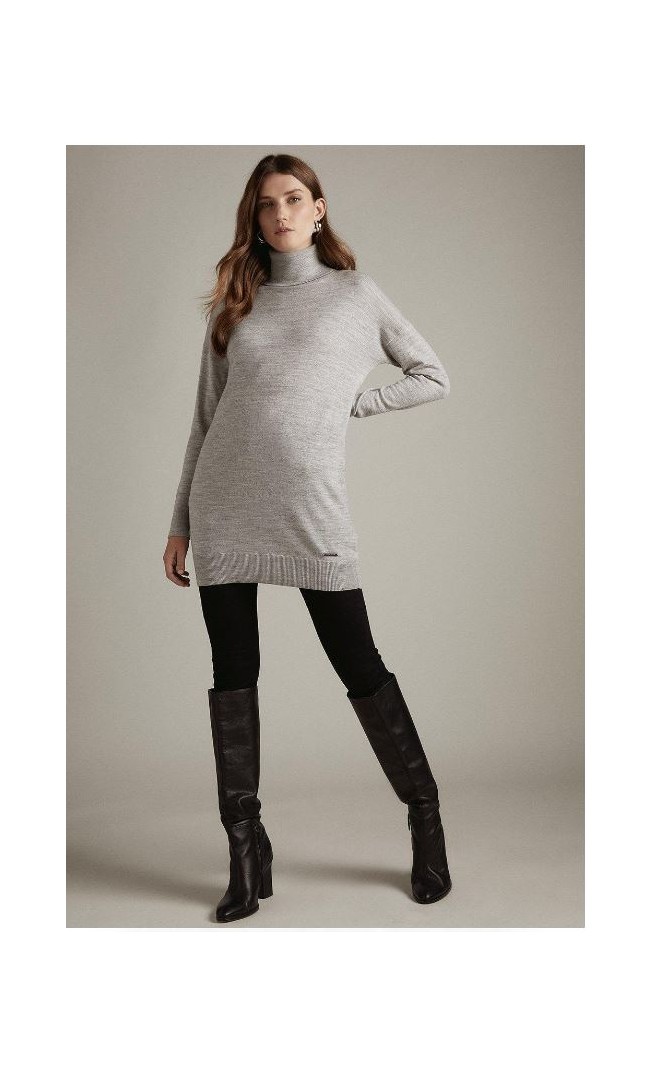 Merino Wool Roll Neck Longline Knit Jumper