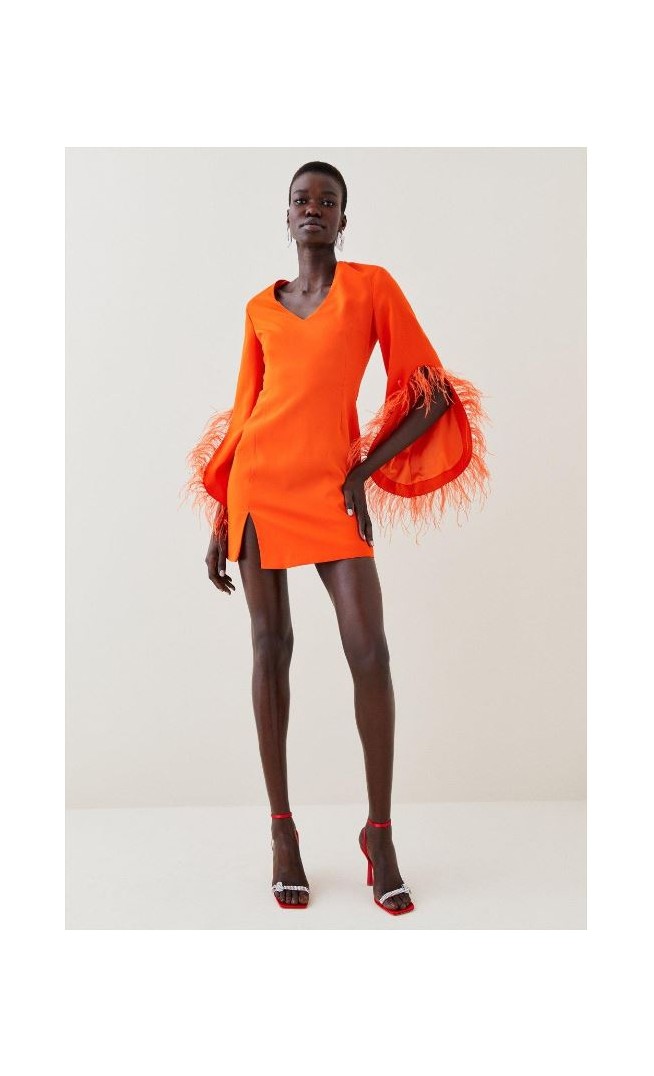 Orange Soft Tailored Full Sleeve Feather Mini Dress