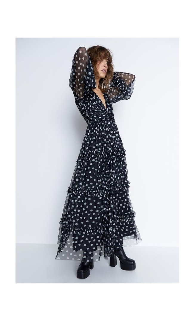 Spot Tulle Balloon Sleeve Tiered Maxi Dress