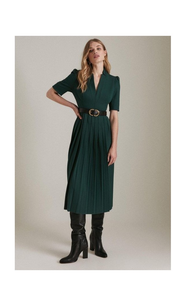 Petite Tailored Structured Crepe Forever Pleat Midi Dress