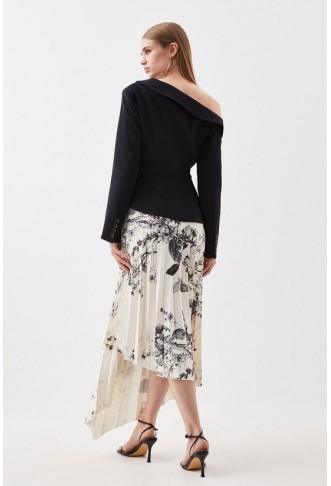 Lightweight Crepe Asymmetric Printed Skirt Tailored Midi Dress