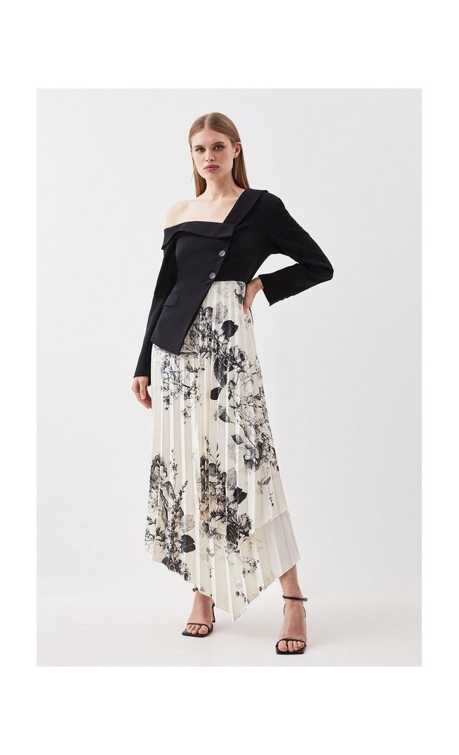 Lightweight Crepe Asymmetric Printed Skirt Tailored Midi Dress