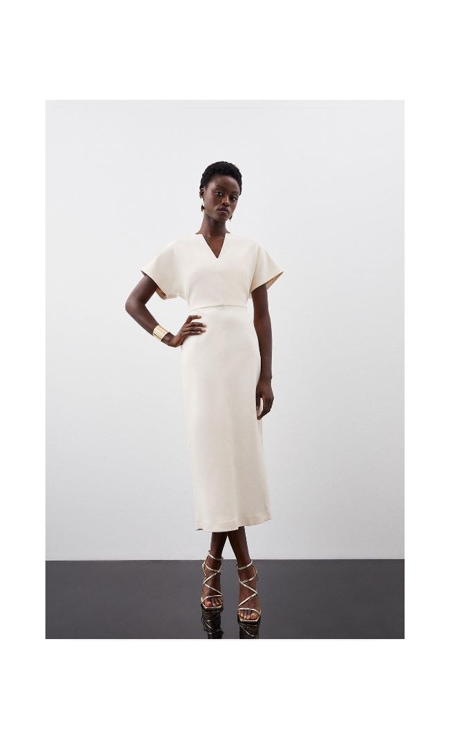 Cream Compact Stretch Seamed Detail Rounded Sleeve Midi Dress