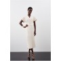 Cream Compact Stretch Seamed Detail Rounded Sleeve Midi Dress