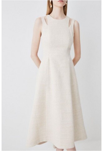 Beige Textured Seam Detail Belted Midaxi Dress