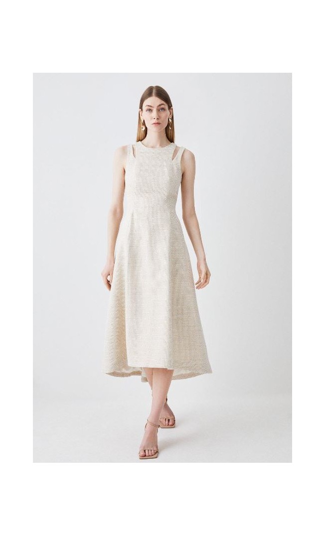 Beige Textured Seam Detail Belted Midaxi Dress