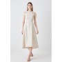 Beige Textured Seam Detail Belted Midaxi Dress