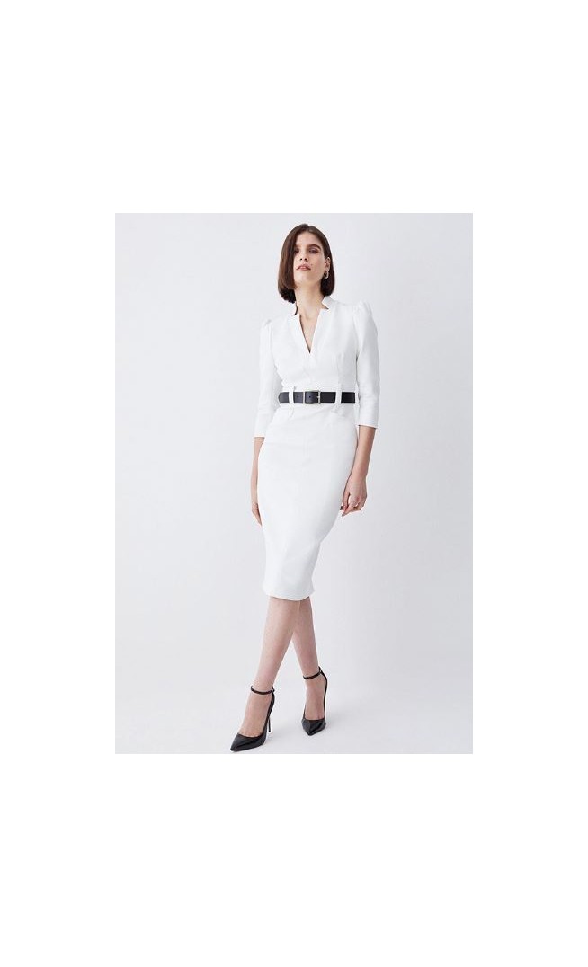 Petite Structured Crepe Belted Forever Midi Dress