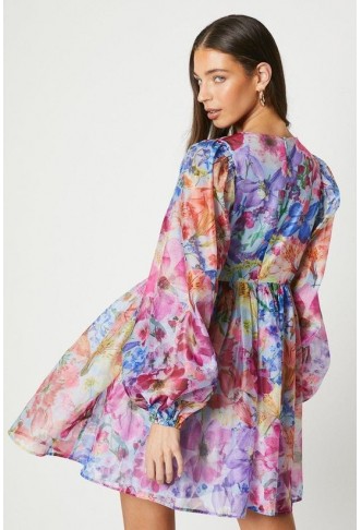 Floral Print Long Sleeve Organza Mini Dress