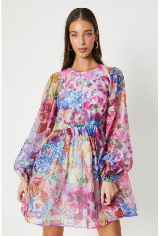 Floral Print Long Sleeve Organza Mini Dress