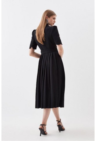 Black Tailored Structured Crepe Forever Pleat Belted Midi Dress