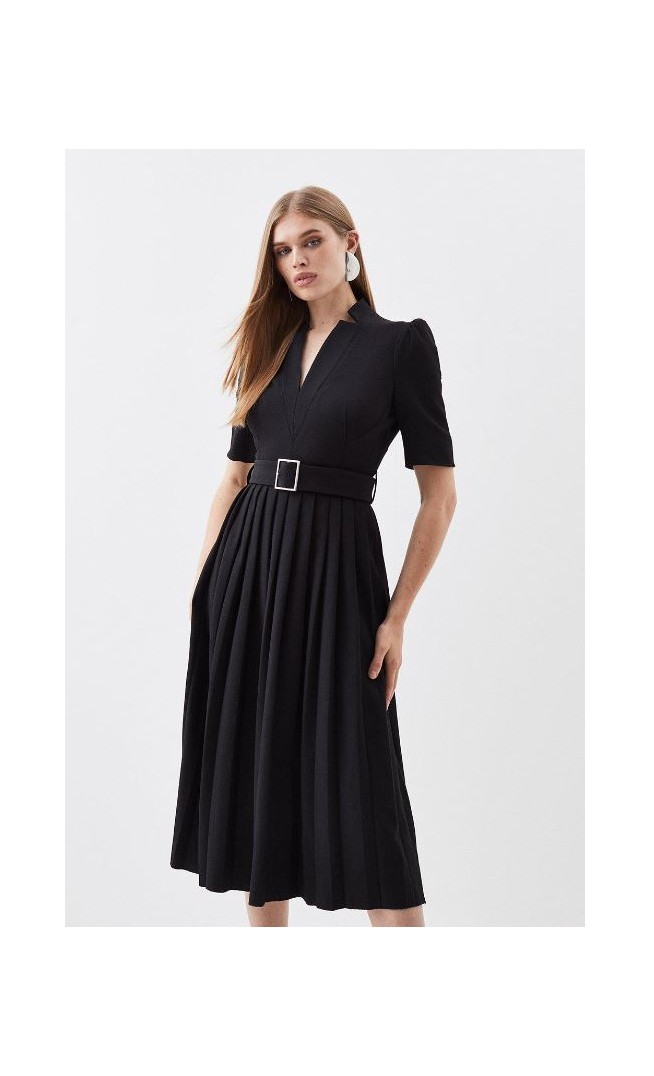 Black Tailored Structured Crepe Forever Pleat Belted Midi Dress