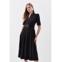 Black Tailored Structured Crepe Forever Pleat Belted Midi Dress