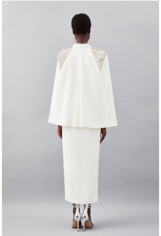 Embellished Caddy Plunge Cape Sleeve Woven Midi Dress