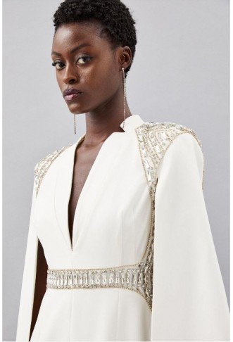 Embellished Caddy Plunge Cape Sleeve Woven Midi Dress