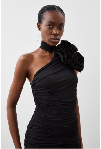 Black Drapey Ruched Jersey Rosette Midi Dress