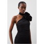 Black Drapey Ruched Jersey Rosette Midi Dress