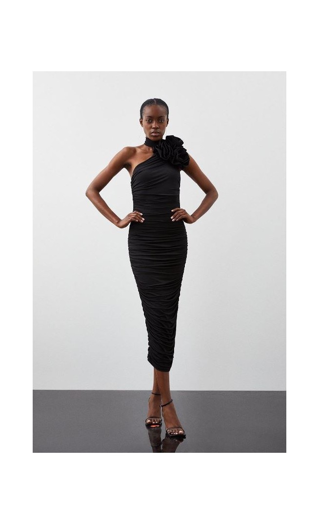 Black Drapey Ruched Jersey Rosette Midi Dress