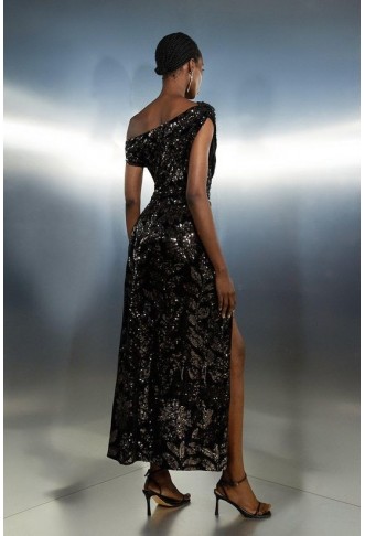 Velvet Sequin Woven One Shoulder Maxi Dress