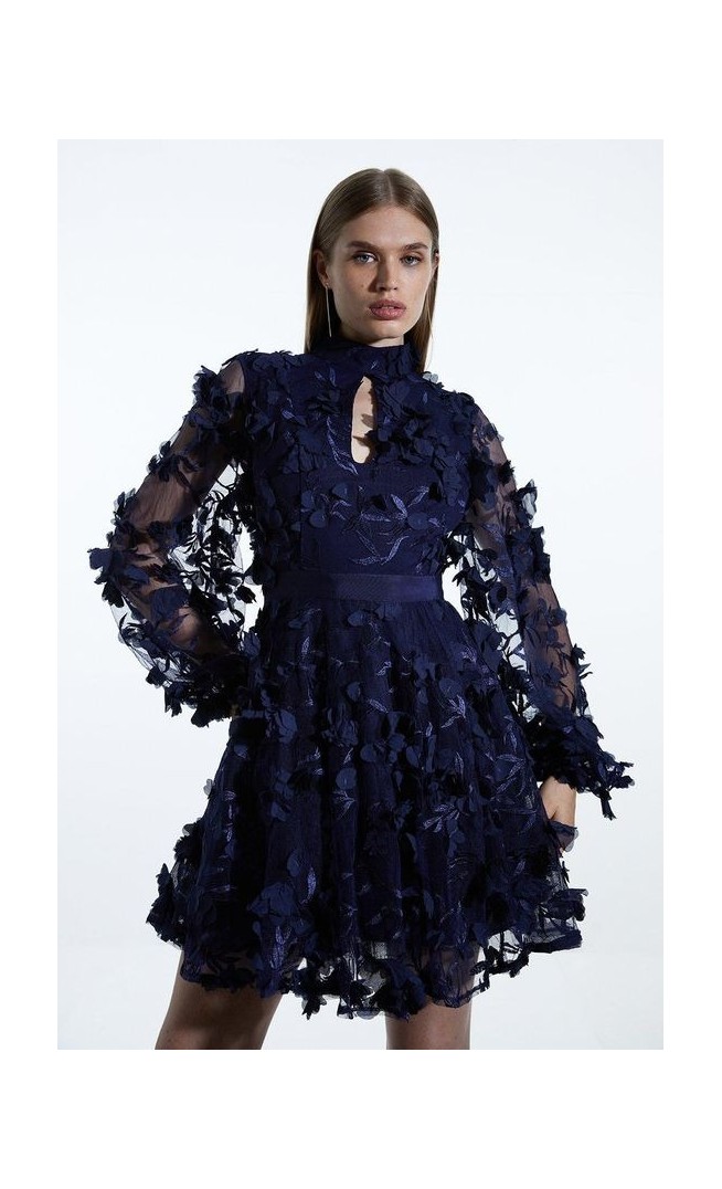 Tulle Applique Long Sleeve Woven Mini Dress