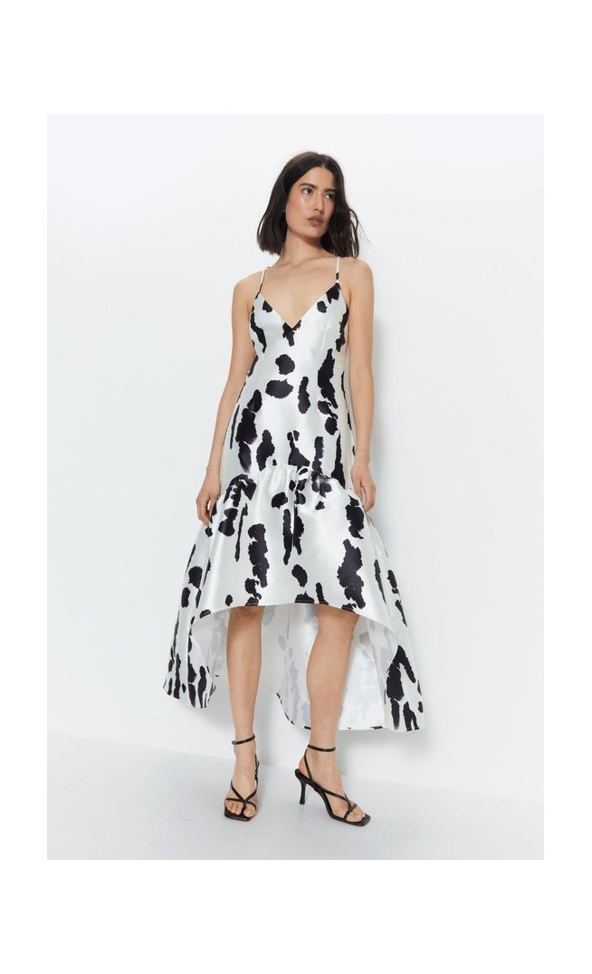 Abstract Print Satin Twill Structured Midi Dress