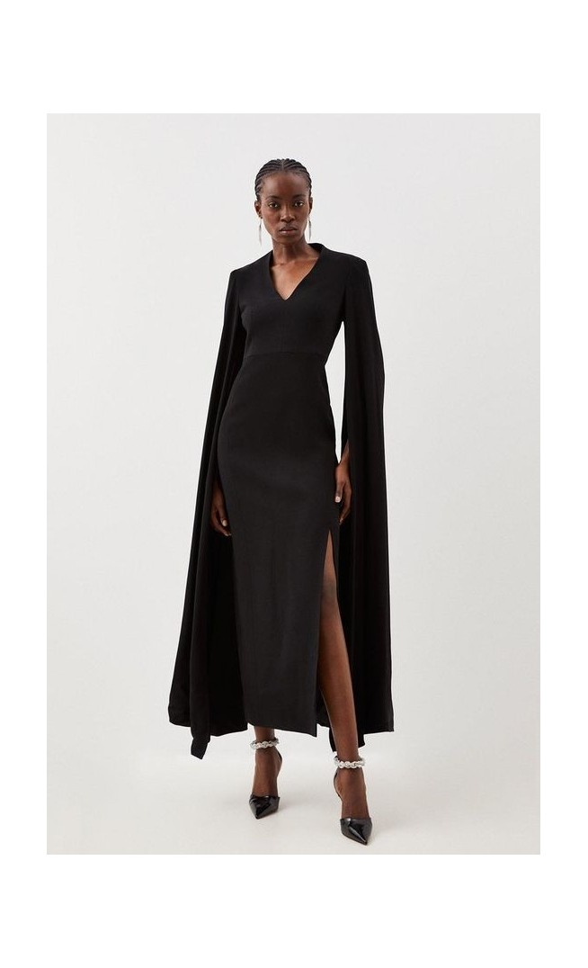 Tailored Compact Stretch Viscose Cape Sleeve Midi Pencil Dress