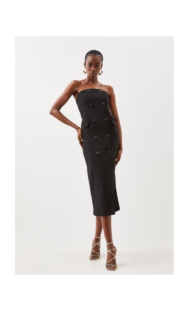 Compact Stretch Tailored Bandeau Double Breasted Midi Dress